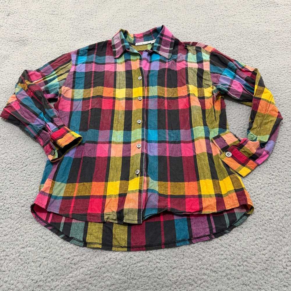 VTG Anne Klein Shirt Womens Size 8 Multicolor Plaid Cotton Button Down
